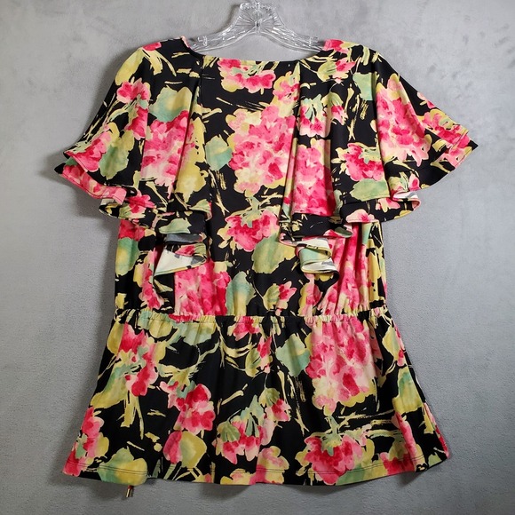 Lauren Ralph Lauren Babydoll Top Womens PL Black Pink Floral Flutter Sleeve Y2K - Picture 2 of 8